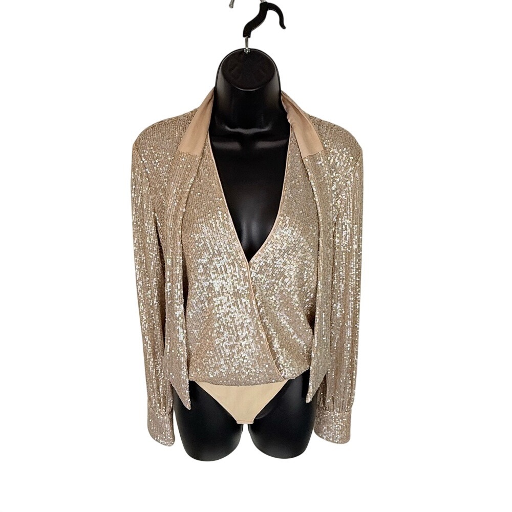 JONATHAN SIMKHAI Rose Gold Sequin Drape Front Bodysuit Size Small Glam Cocktail